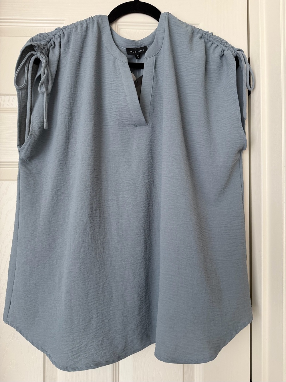 Pleione Dusty Blue Tie-Shoulder V-Notch Blouse